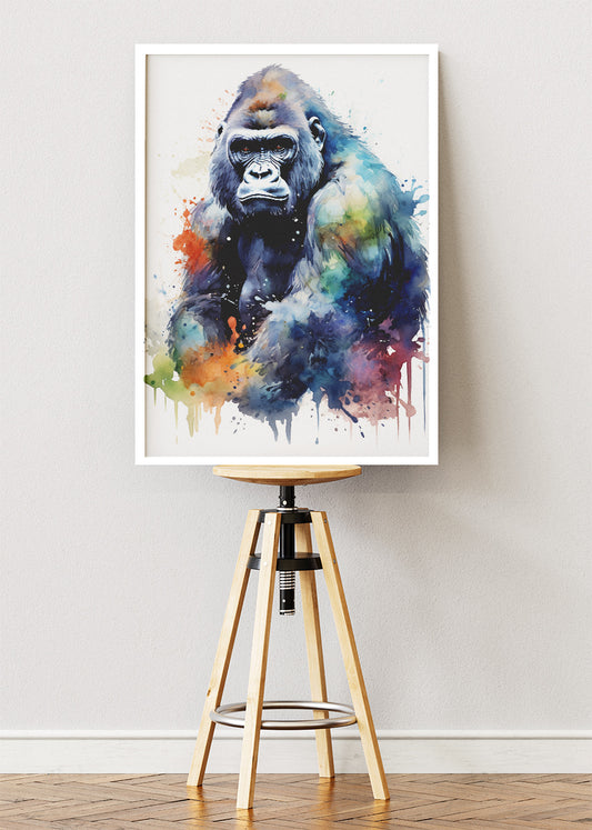 Powerful Gorilla Watercolor Wall Art Poster & Canvas Print – Wildlife Portrait