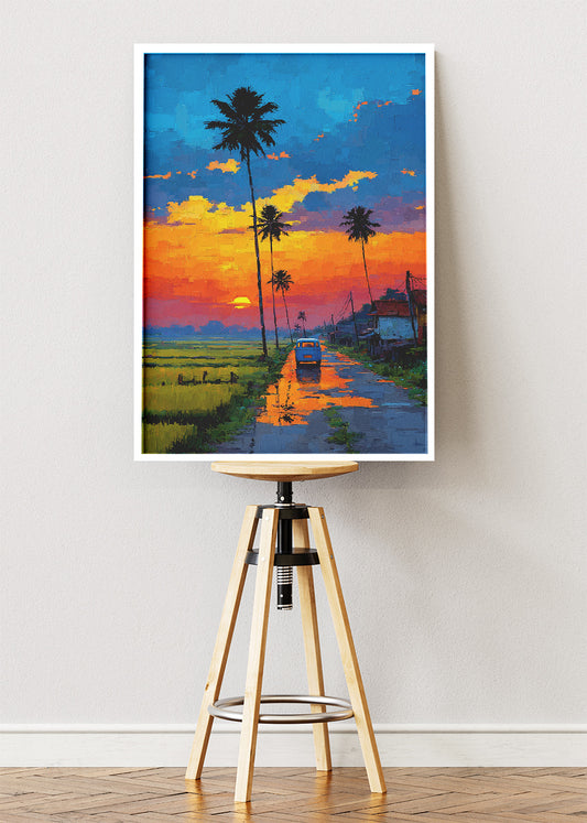 Tropical Sunset Road with Palm Trees – Vibrant Evening Landscape Canvas & Poster Print – AI PRINT LAB
