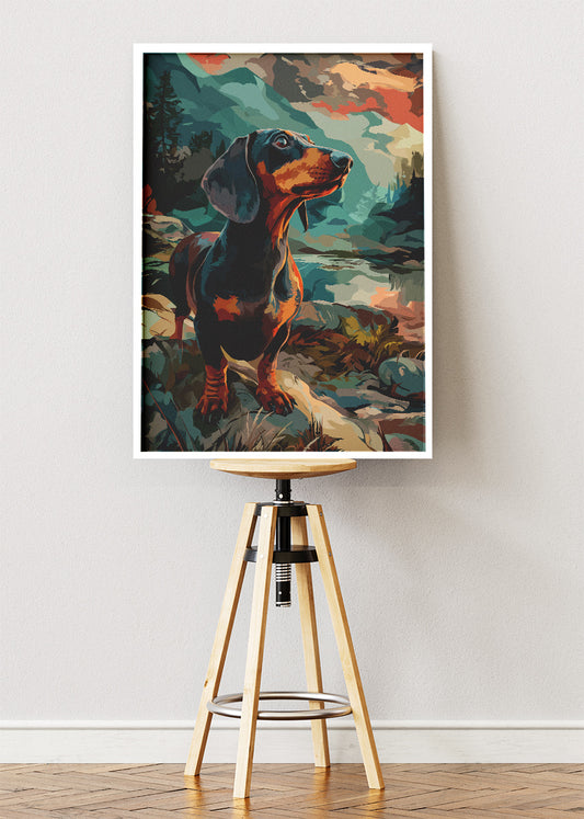 Majestic Dachshund Landscape Wall Art Poster & Canvas Print – Colorful Dog Artwork