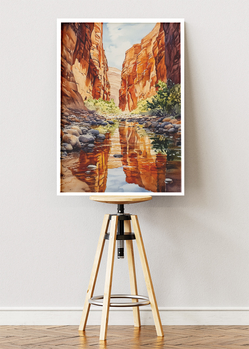 Desert Canyon Reflection – Red Rock Landscape Canvas & Poster Print – AI PRINT LAB