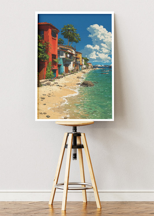 Mediterranean Seaside Village – Coastal Beach Houses Canvas & Poster Print – AI PRINT LAB