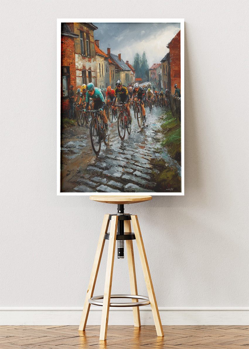 Rain-Soaked Cobblestone Cycling Race Art Print & Canvas – European Street Bicycle Wall Art