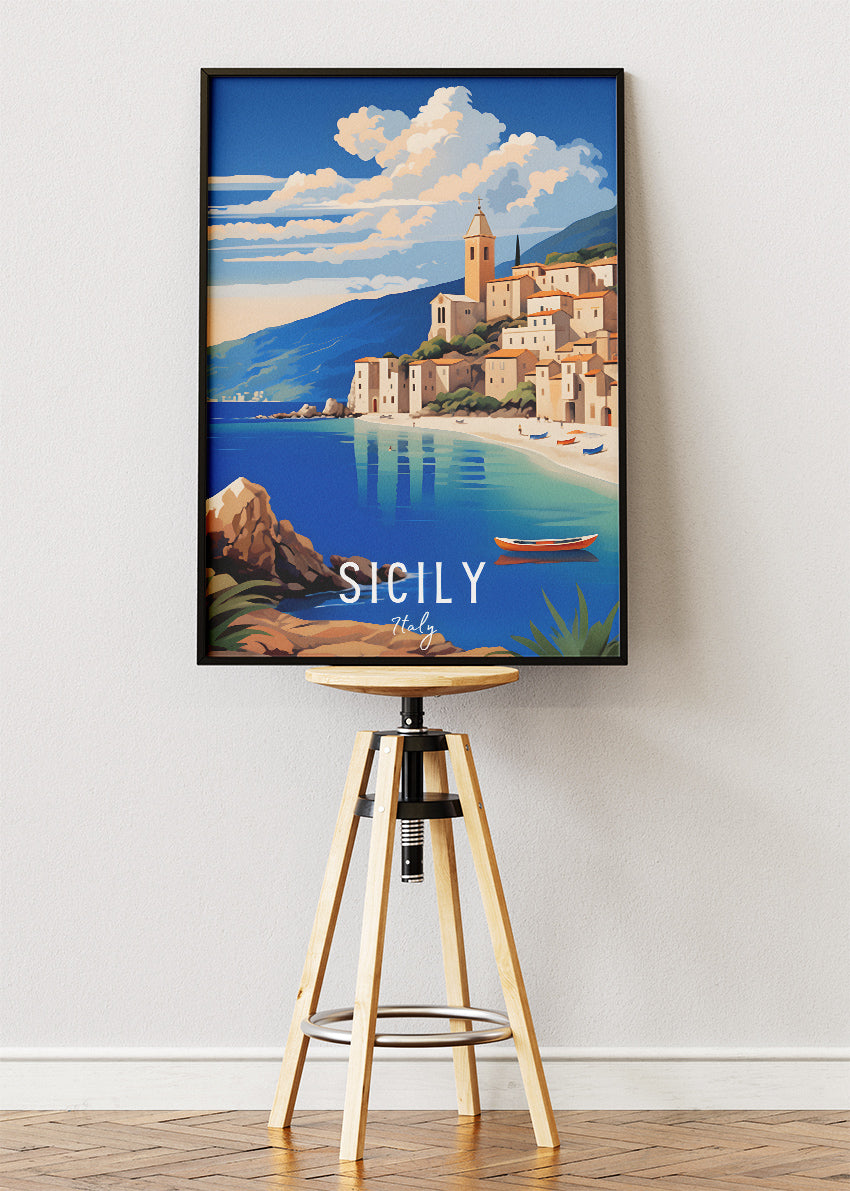 Sicily Italy Poster & Canvas Print – Illustrated Coastal Village Art