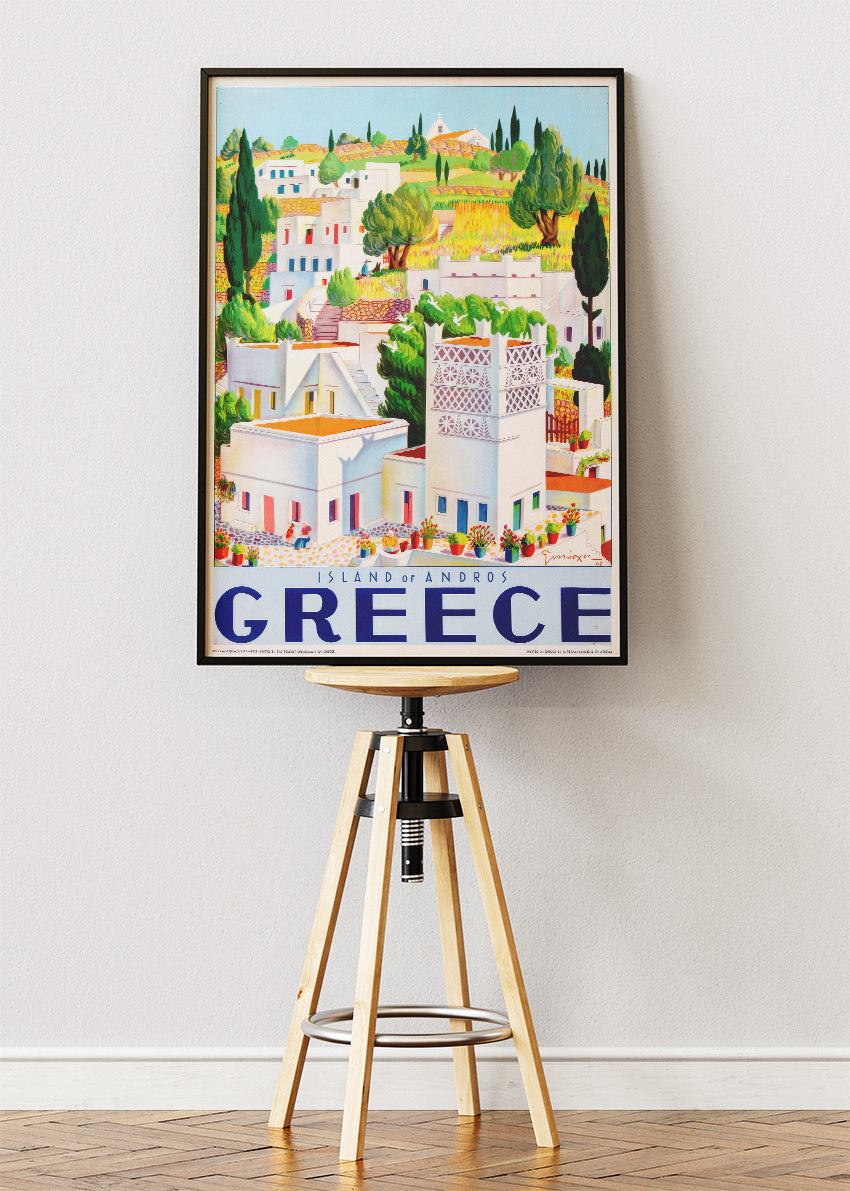 Andros Greece Illustrated Poster & Canvas Print – Colorful Island Village Travel Art