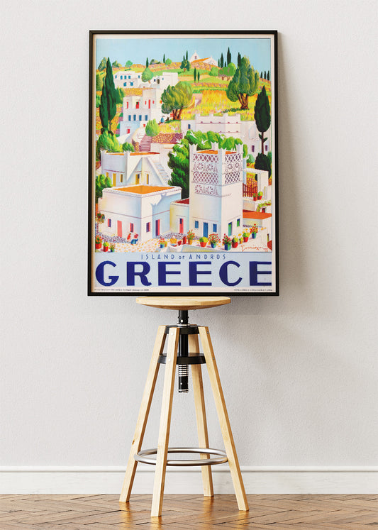 Andros Greece Illustrated Poster & Canvas Print – Colorful Island Village Travel Art