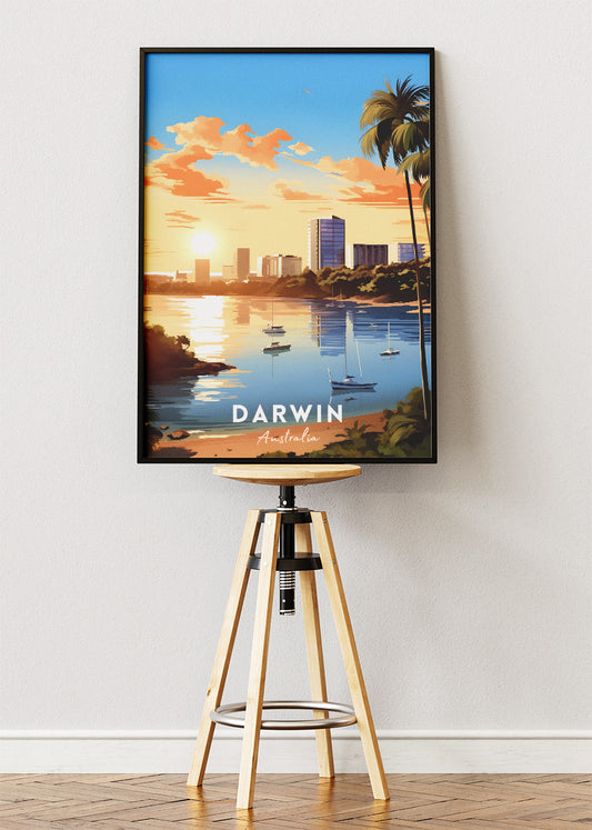 Darwin Australia Travel Poster & Canvas Wall Art – Tropical Skyline Sunset Illustration Print