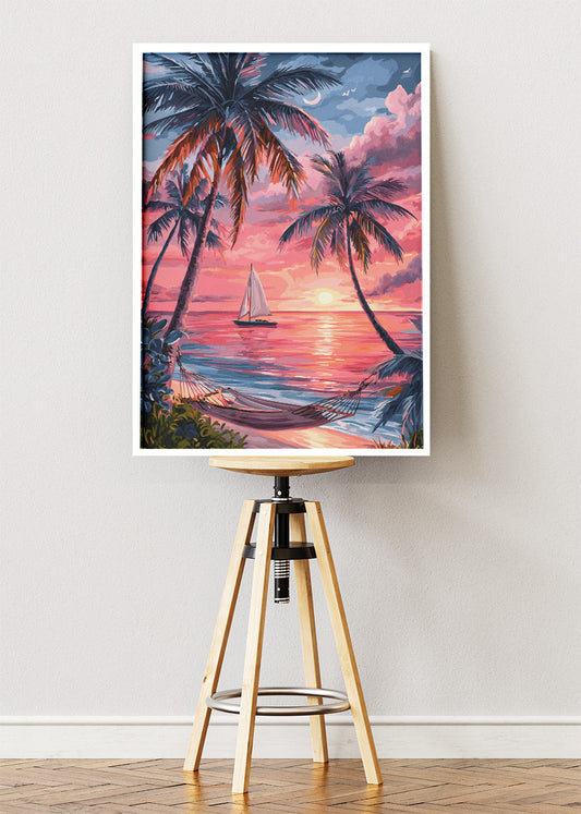 Tropical Sunset with Sailboat – Palm Tree Beach Canvas & Poster Print – AI PRINT LAB