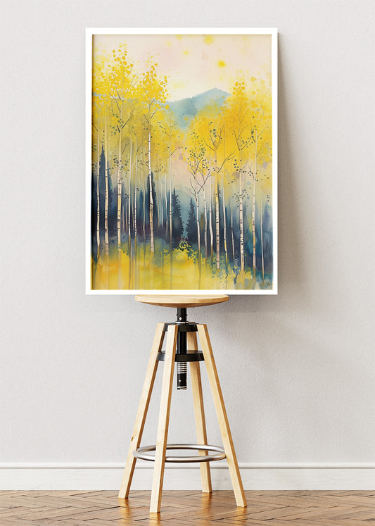 Yellow Birch Forest Wall Art – Soft Watercolour Woodland Canvas Print & Modern Nature Landscape Poster for Living Room Decor UK