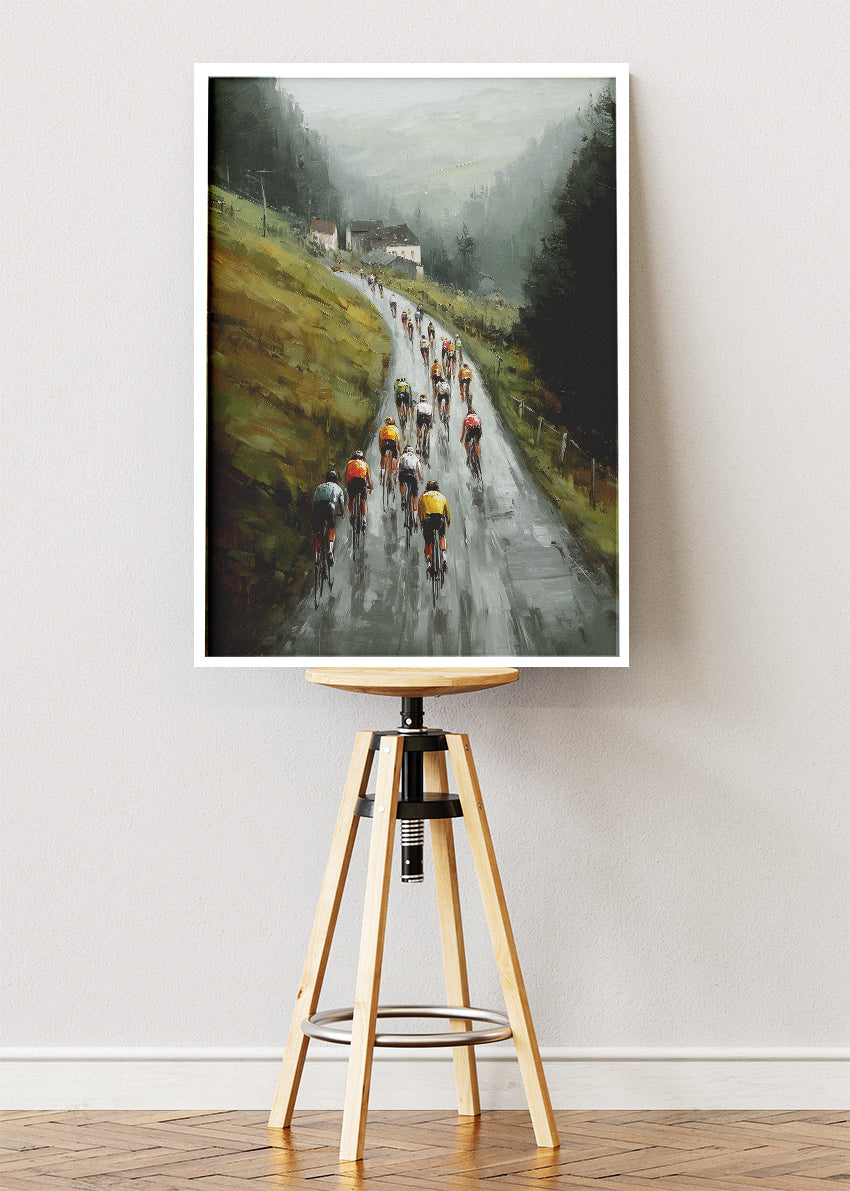 Misty Mountain Road Cycling Art Print & Canvas – Atmospheric Peloton Bicycle Wall Art