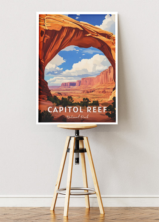 Capitol Reef National Park Poster & Canvas Print – Red Rock Arch Desert Landscape Illustration Wall Art