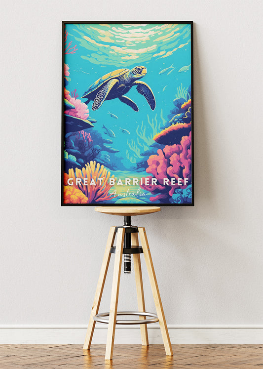 Great Barrier Reef Australia Travel Poster & Canvas Wall Art – Sea Turtle Coral Reef Illustration Print