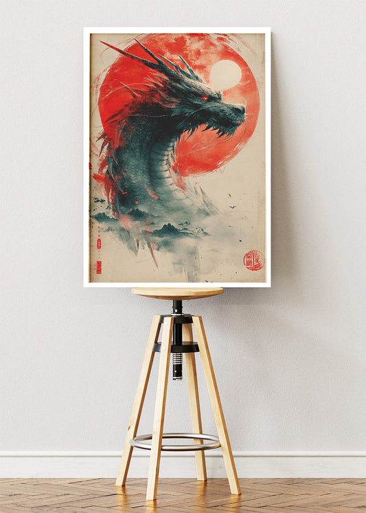 Japanese Dragon Canvas Print & Poster – Red Sun Fantasy Wall Art