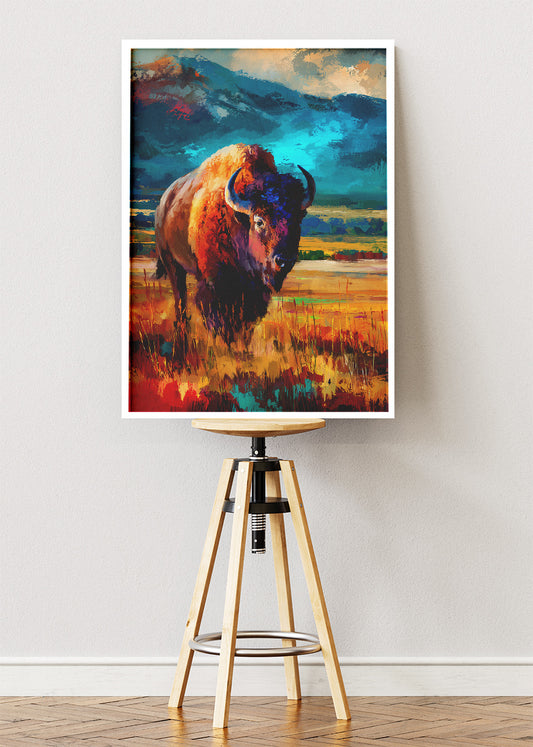 Majestic Bison Canvas Print & Poster – Colorful Wildlife Landscape Wall Art