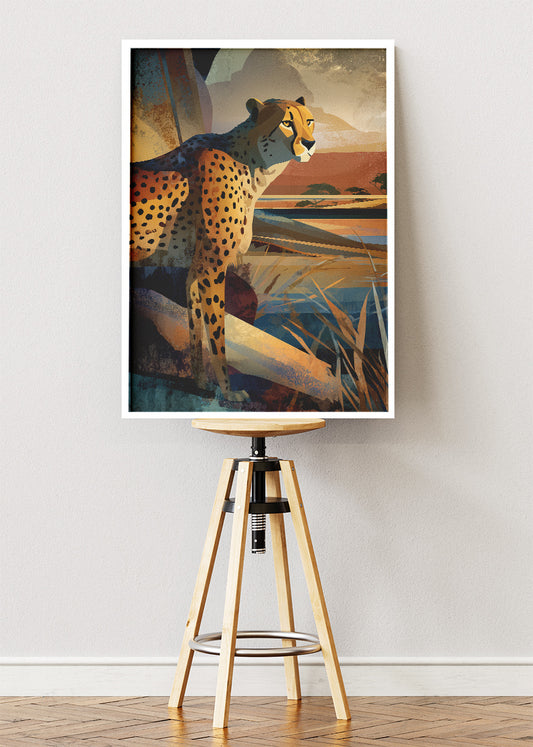 Cheetah Safari Canvas Print & Poster – Modern Wildlife Landscape Wall Art