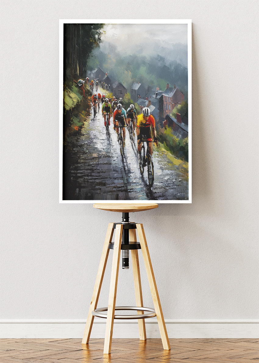 Rainy Hill Climb Cycling Art Print & Canvas – Classic European Peloton Wall Art