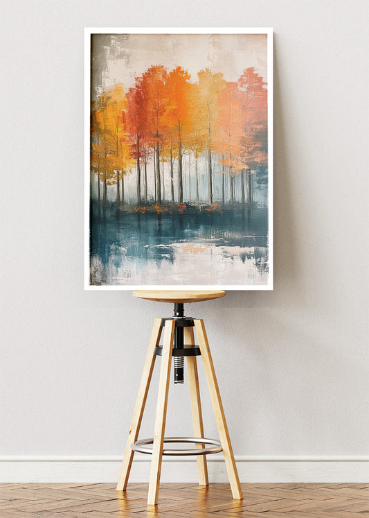Autumn Lake Reflection Wall Art – Orange Woodland Canvas Print & Modern Abstract Forest Poster for Living Room Decor UK