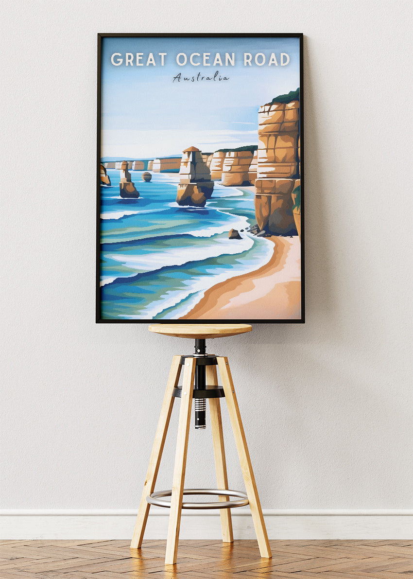 Great Ocean Road Australia Travel Poster & Canvas Wall Art – Twelve Apostles Coastal Illustration Print