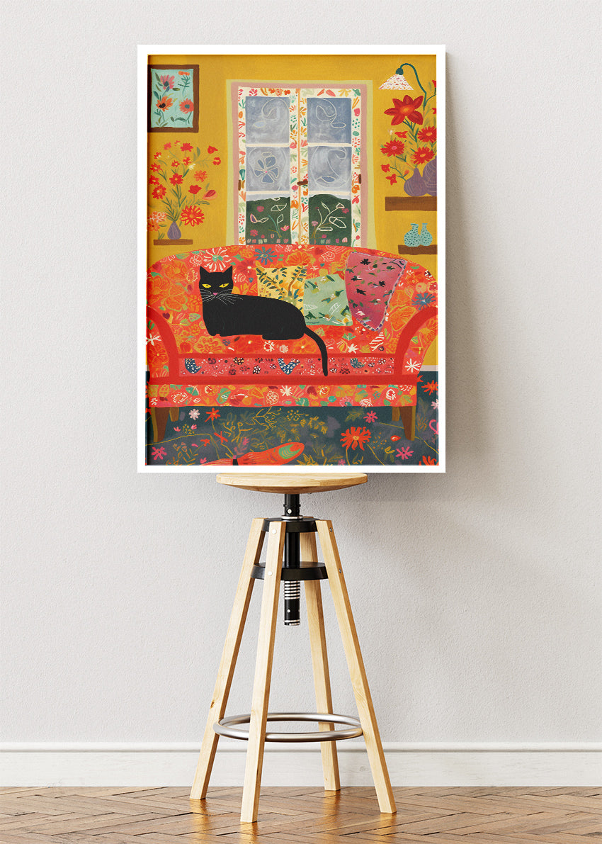 Cozy Cat Living Room Canvas Print & Poster – Colorful Home Wall Art