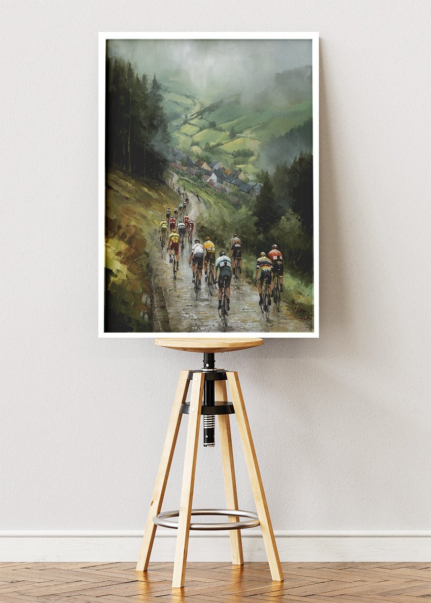 Misty Valley Cycling Descent Art Print & Canvas – Atmospheric European Peloton Wall Art