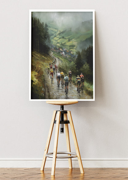 Misty Valley Cycling Descent Art Print & Canvas – Atmospheric European Peloton Wall Art