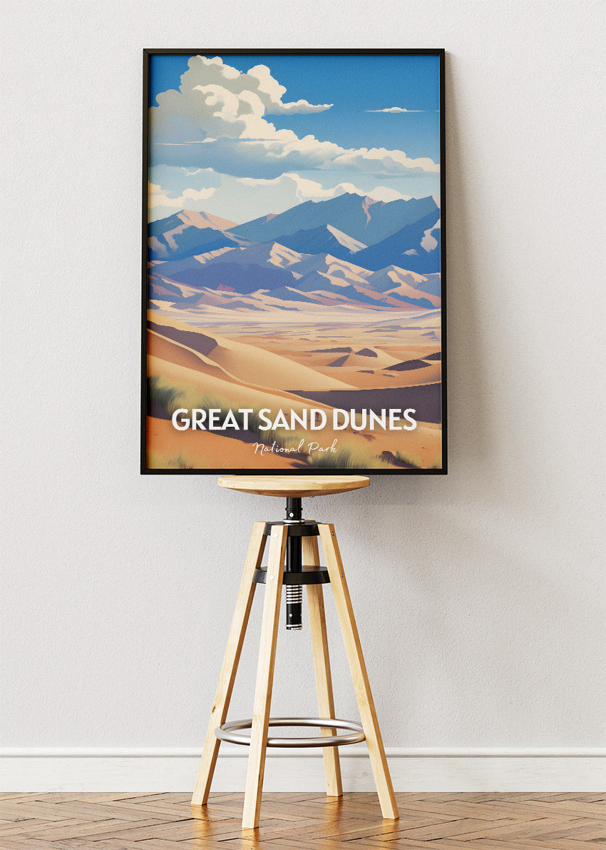 Great Sand Dunes National Park Travel Poster & Canvas Wall Art – Desert Landscape Illustration Print