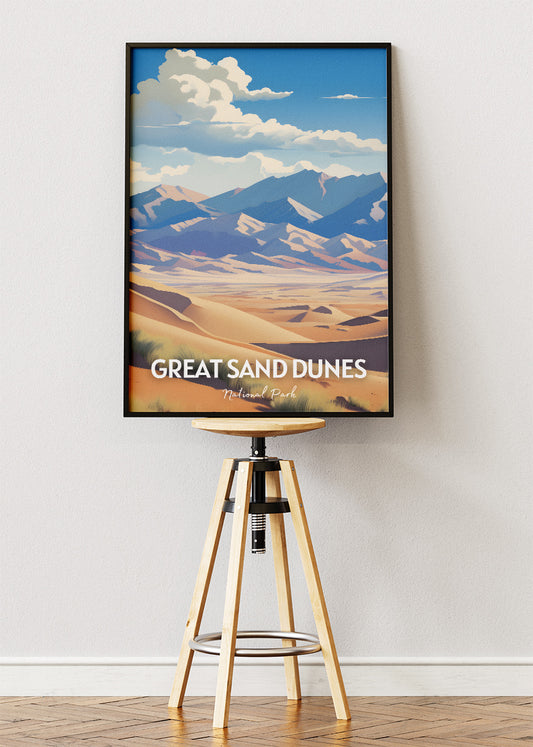 Great Sand Dunes National Park Travel Poster & Canvas Wall Art – Desert Landscape Illustration Print