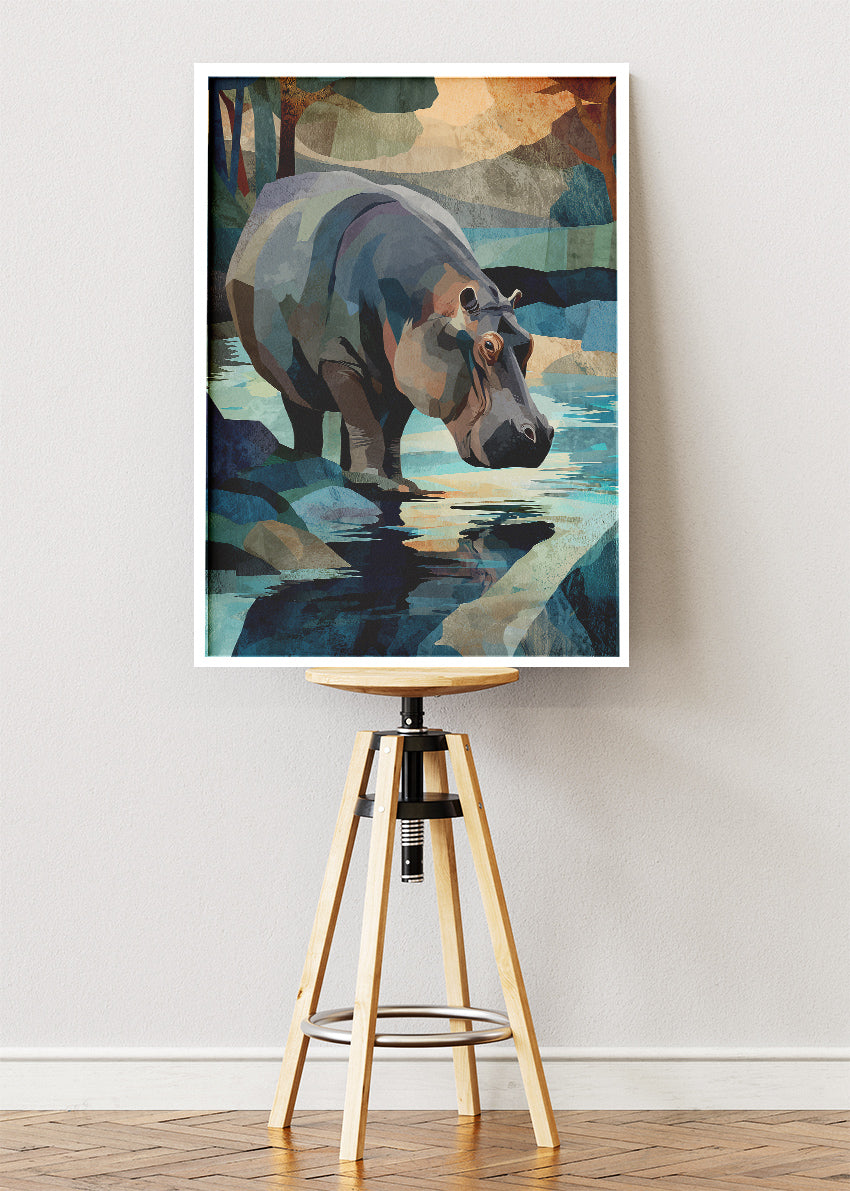 Hippo River Canvas Print & Poster – Modern Wildlife Landscape Wall Art