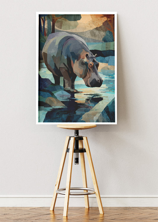 Hippo River Canvas Print & Poster – Modern Wildlife Landscape Wall Art