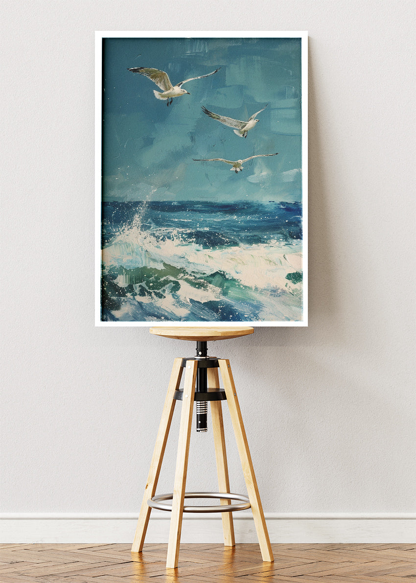 Seagulls Over Ocean Canvas Print & Poster – Coastal Sea Wall Art