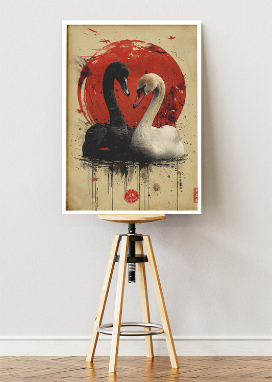 Black & White Swan Poster & Canvas Print – Japanese Red Sun Art