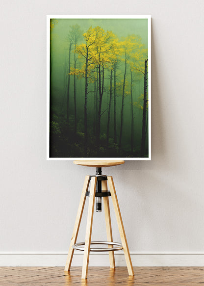 Misty Green Forest Wall Art – Moody Woodland Canvas Print & Yellow Tree Nature Poster for Living Room Decor UK