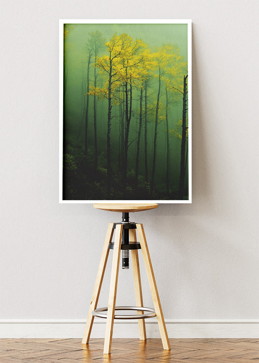 Misty Green Forest Wall Art – Moody Woodland Canvas Print & Yellow Tree Nature Poster for Living Room Decor UK