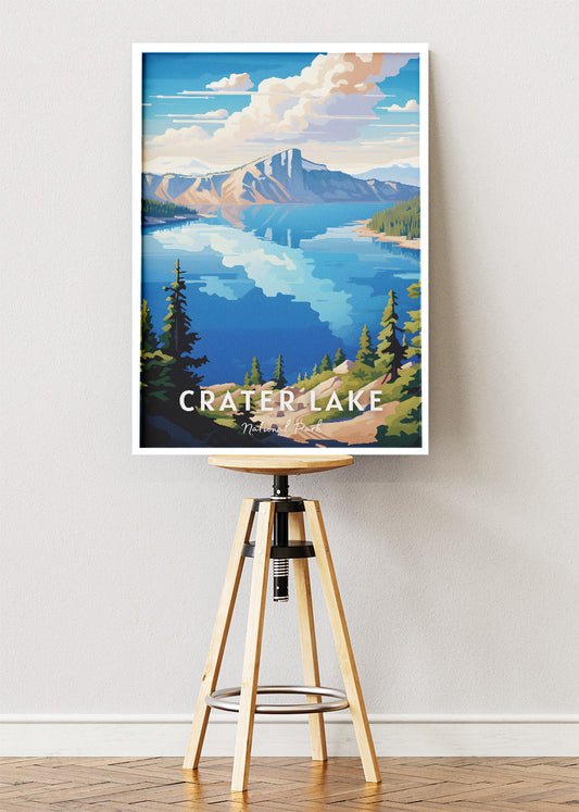 Crater Lake National Park Poster & Canvas Print – Illustrated Scenic Lake & Mountain Wall Art