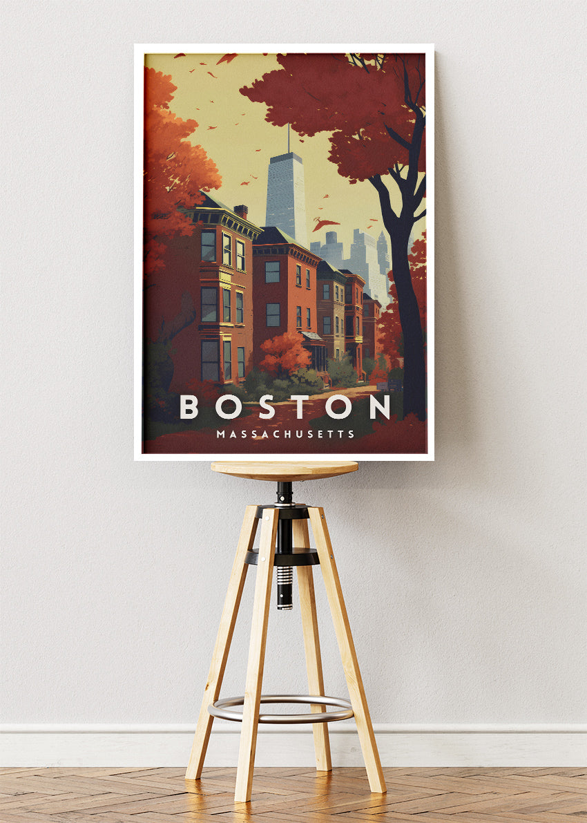 Boston Massachusetts Poster & Canvas Print – Autumn Red Cityscape Illustration