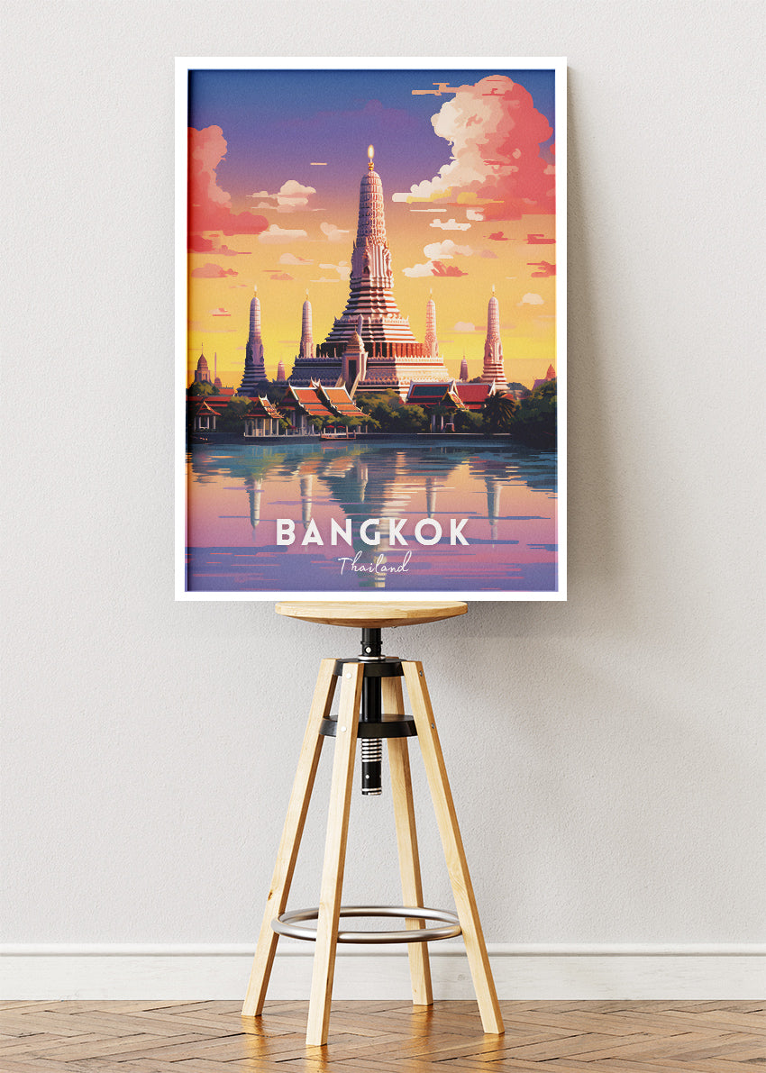 Bangkok Thailand Poster & Canvas Print – Vintage Wat Arun Sunset Travel Art