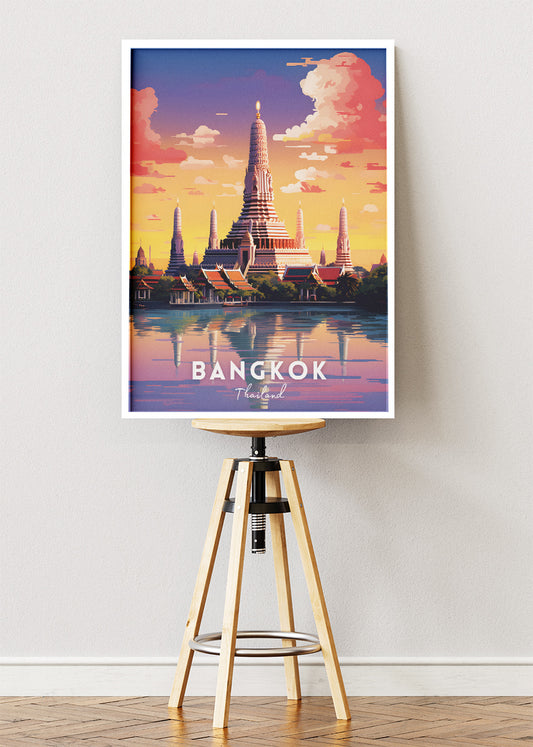 Bangkok Thailand Poster & Canvas Print – Vintage Wat Arun Sunset Travel Art