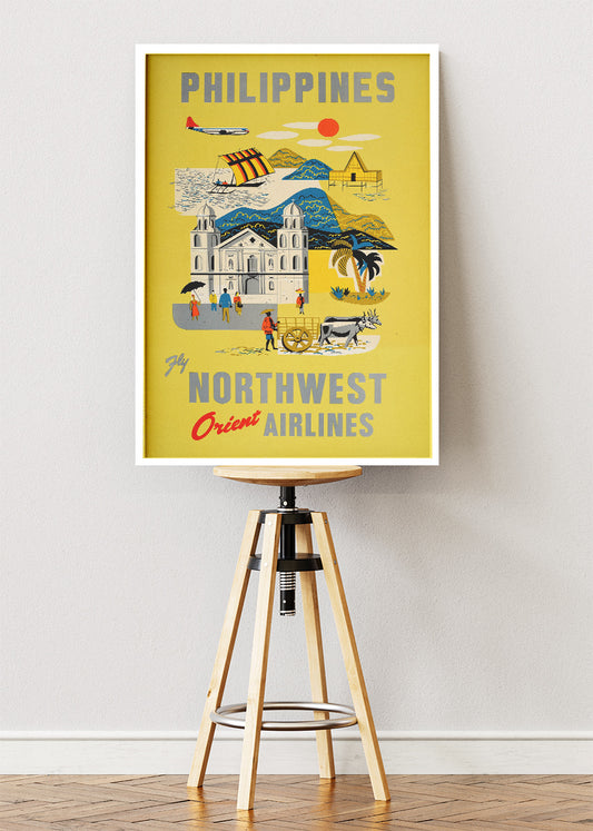 Philippines Vintage Travel Poster & Canvas Print – Northwest Orient Airlines Retro Illustration – Mid-Century Art