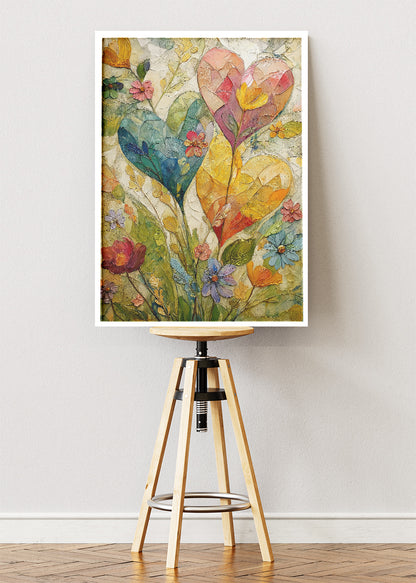 Floral Heart Wall Art – Colourful Botanical Love Canvas Print & Romantic Nature Statement Poster for Living Room Decor UK