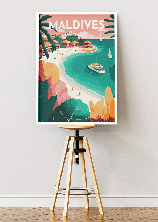 Maldives Poster & Canvas Print – Illustrated Tropical Island Beach Art