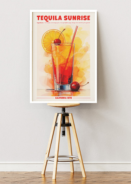 Tequila Sunrise Vintage Cocktail Poster & Canvas Print | Retro Bar Wall Art