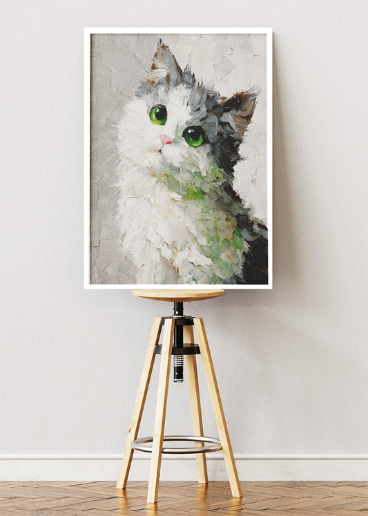 Green-Eyed Cat Painting Poster & Canvas Print – Textured Brushstroke Feline Art