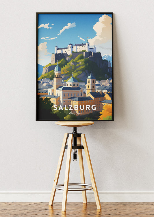 Salzburg Austria Travel Poster & Canvas Wall Art – Fortress & Old Town Landscape Illustration