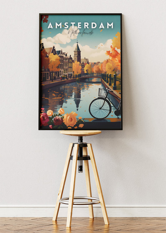 Amsterdam Canal Bridge Poster & Canvas Print – Autumn Flowers Holland Art