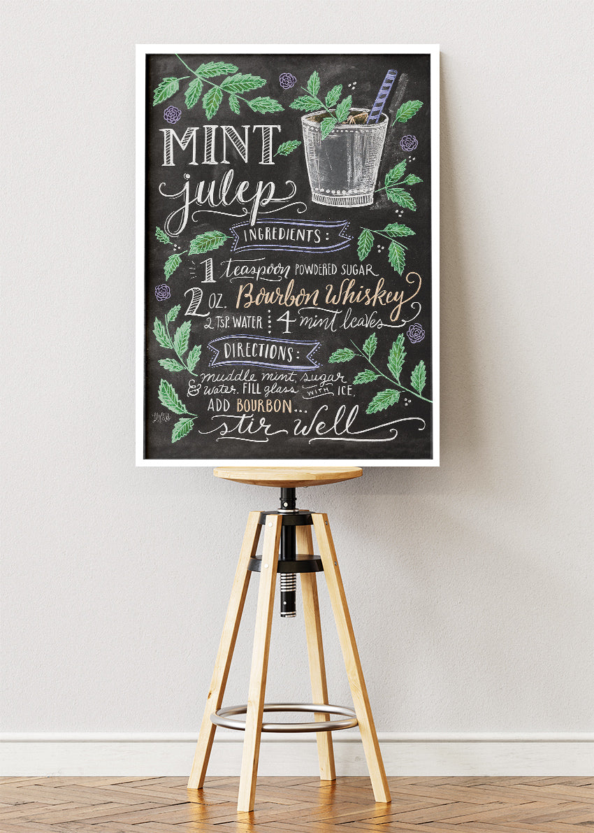 Mint Julep Chalkboard Cocktail Recipe Poster & Canvas Print | Vintage Bar Wall Art