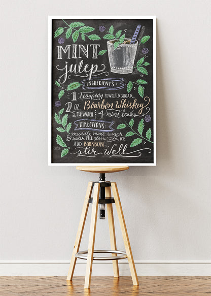 Mint Julep Chalkboard Cocktail Recipe Poster & Canvas Print | Vintage Bar Wall Art