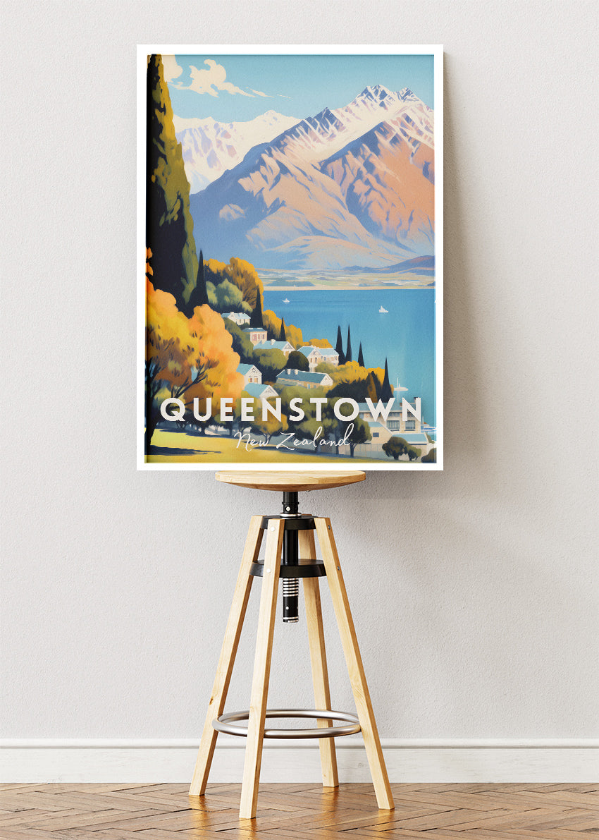 Queenstown New Zealand Poster & Canvas Print – Illustrated Alpine Lake Landscape Art