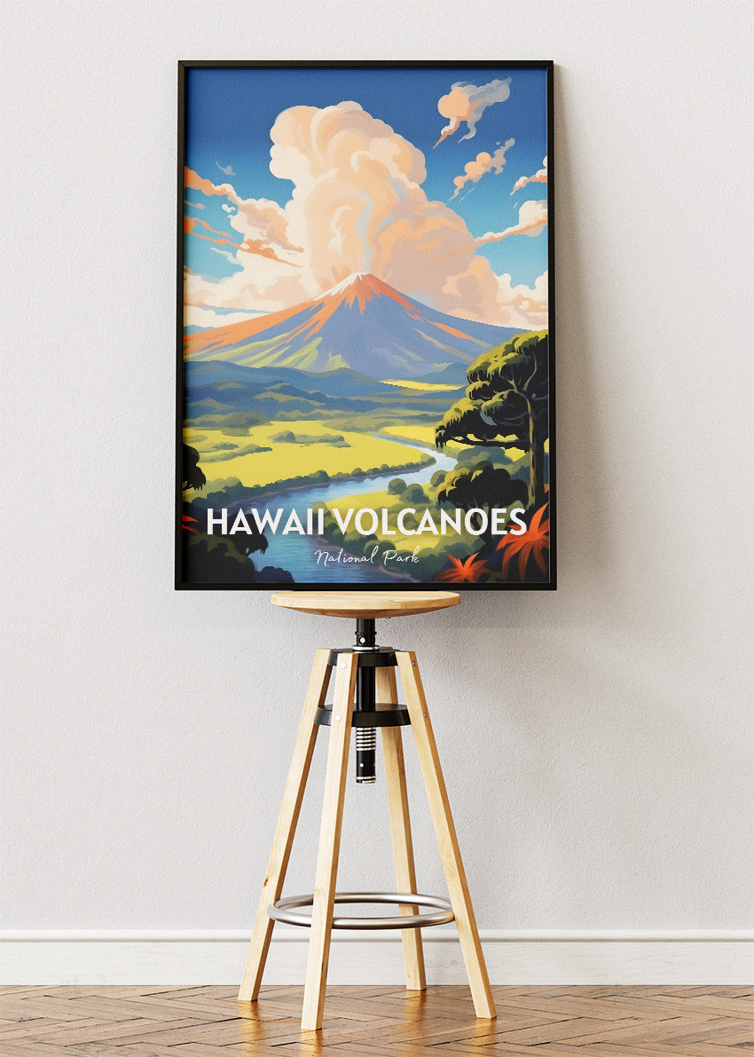 Hawaii Volcanoes National Park Poster & Canvas Print – Illustrated Volcano Landscape Art
