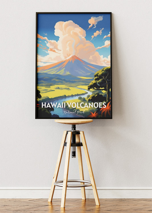 Hawaii Volcanoes National Park Poster & Canvas Print – Illustrated Volcano Landscape Art