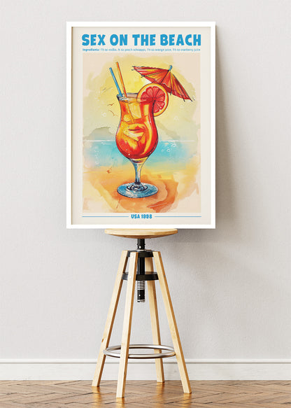 Sex on the Beach Vintage Cocktail Poster & Canvas Print | Summer Bar Wall Art