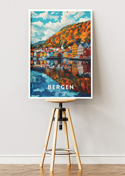 Bergen Norway Poster & Canvas Print – Colorful Waterfront Illustration